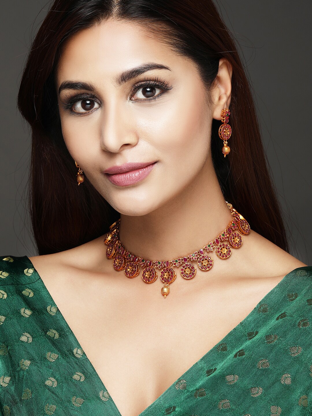 Rubans 24K Gold-Plated Red & Green Stone-Studded Handcrafted Jewellery Set