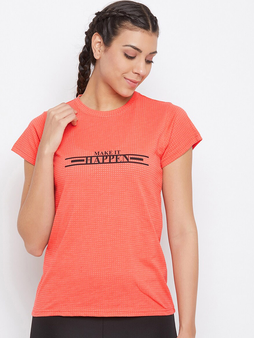 

Clovia Women Orange & Black Printed Polo Collar Slim Fit Activewear T-shirt