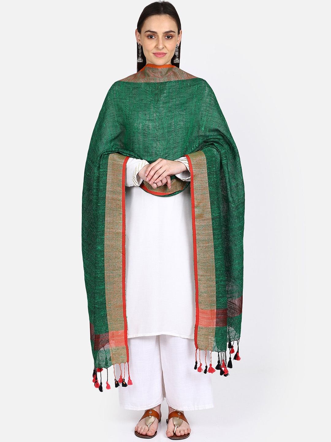 

THE WEAVE TRAVELLER Green & Red Woven Design Dupatta