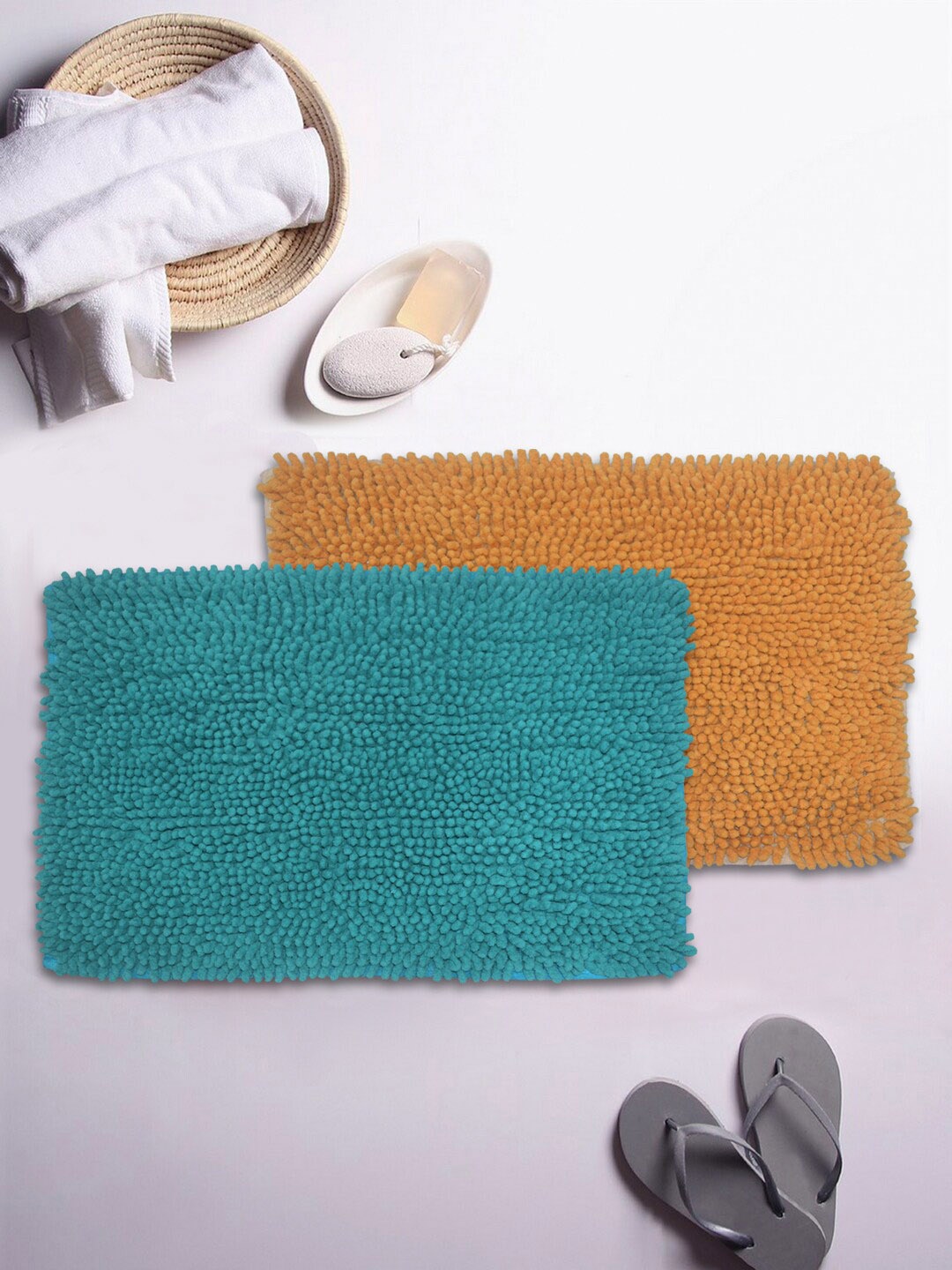 BIANCA Set Of 2 Mushroom Texture Non-Slip Shaggy Bath Rugs, Teal