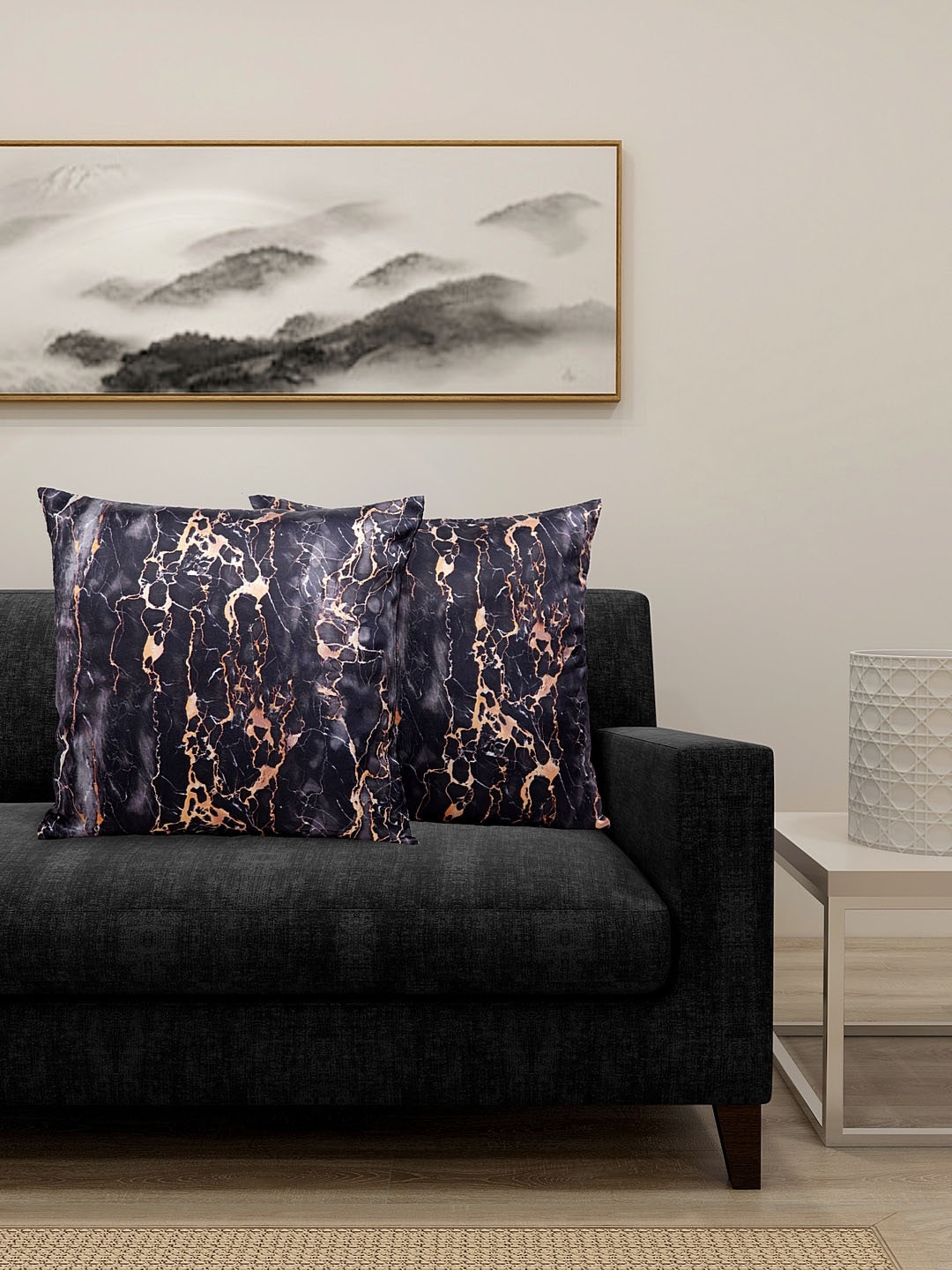 

DECOREALM Set of 2 Black & Gold-Toned Set of Single Abstract Square Cushion Covers