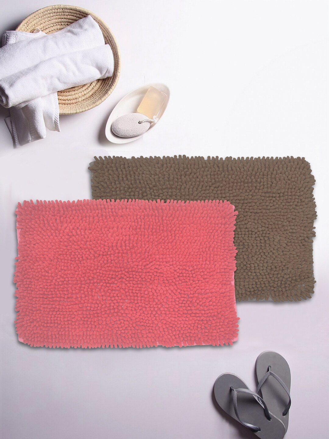 

BIANCA Set Of 2 Mushroom Textured Shaggy Anti-Skid Bath Rugs, Coral
