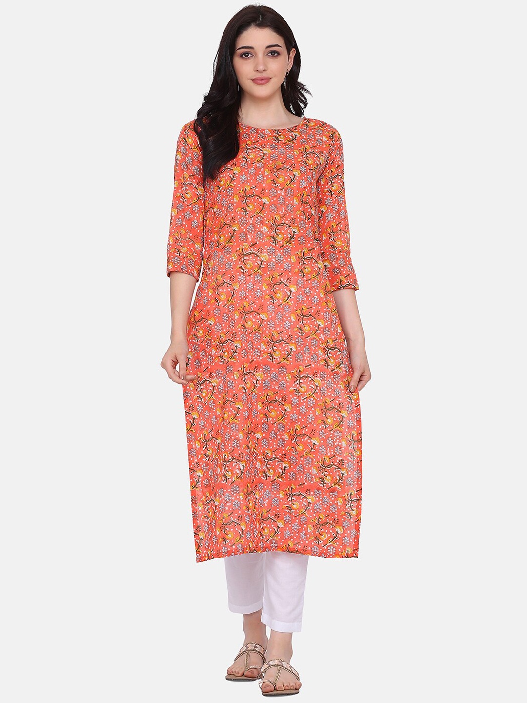 

Saanjh Women Orange & White Printed Cotton Kurta with Trousers