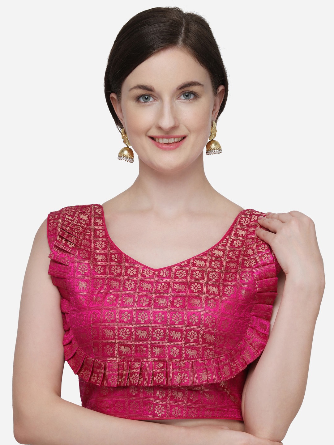 

Fab Dadu Women Pink & Gold-Coloured Woven Design Jacquard Readymade Saree Blouse