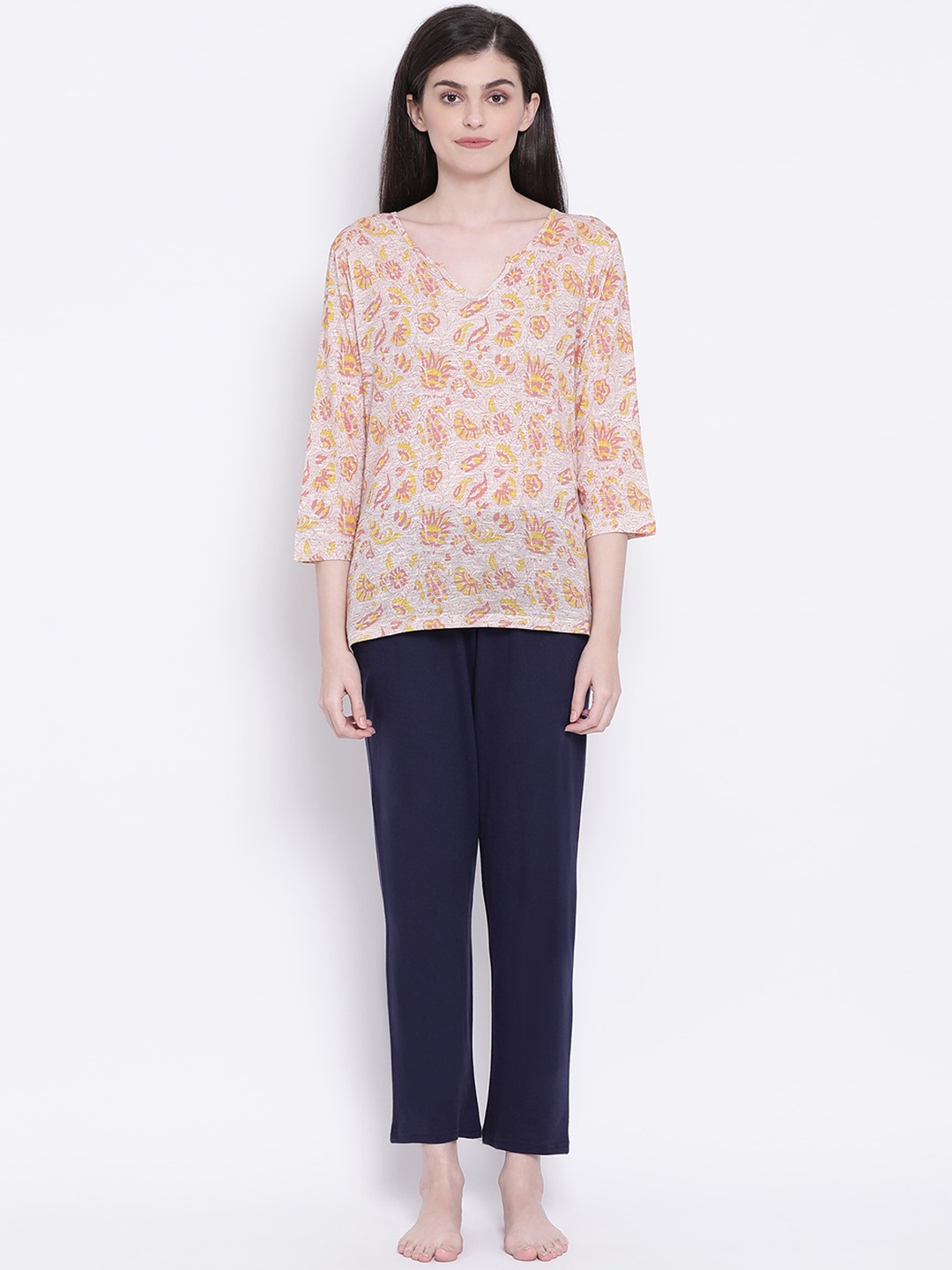 

Clovia Women Pink & Navy Blue Printed Night Suit