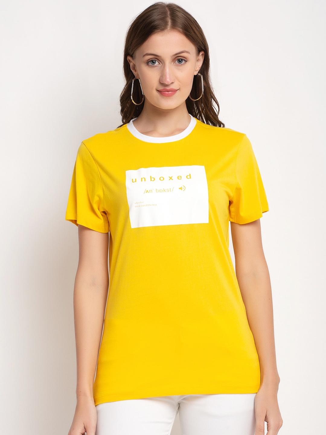 

DOOR74 Women Yellow Printed Round Neck T-shirt