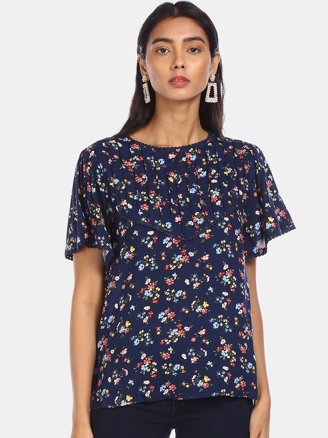 

Cherokee Navy Blue Floral Printed Flutter Sleeves Top
