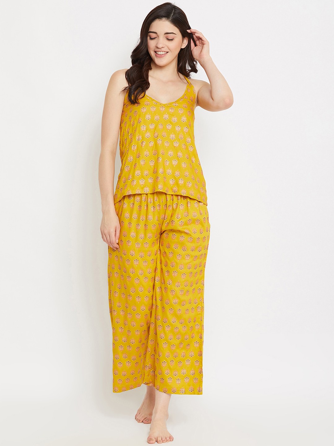 

Clovia Women Mustard Yellow & Orange Floral Printed Night Suit LS0513P07
