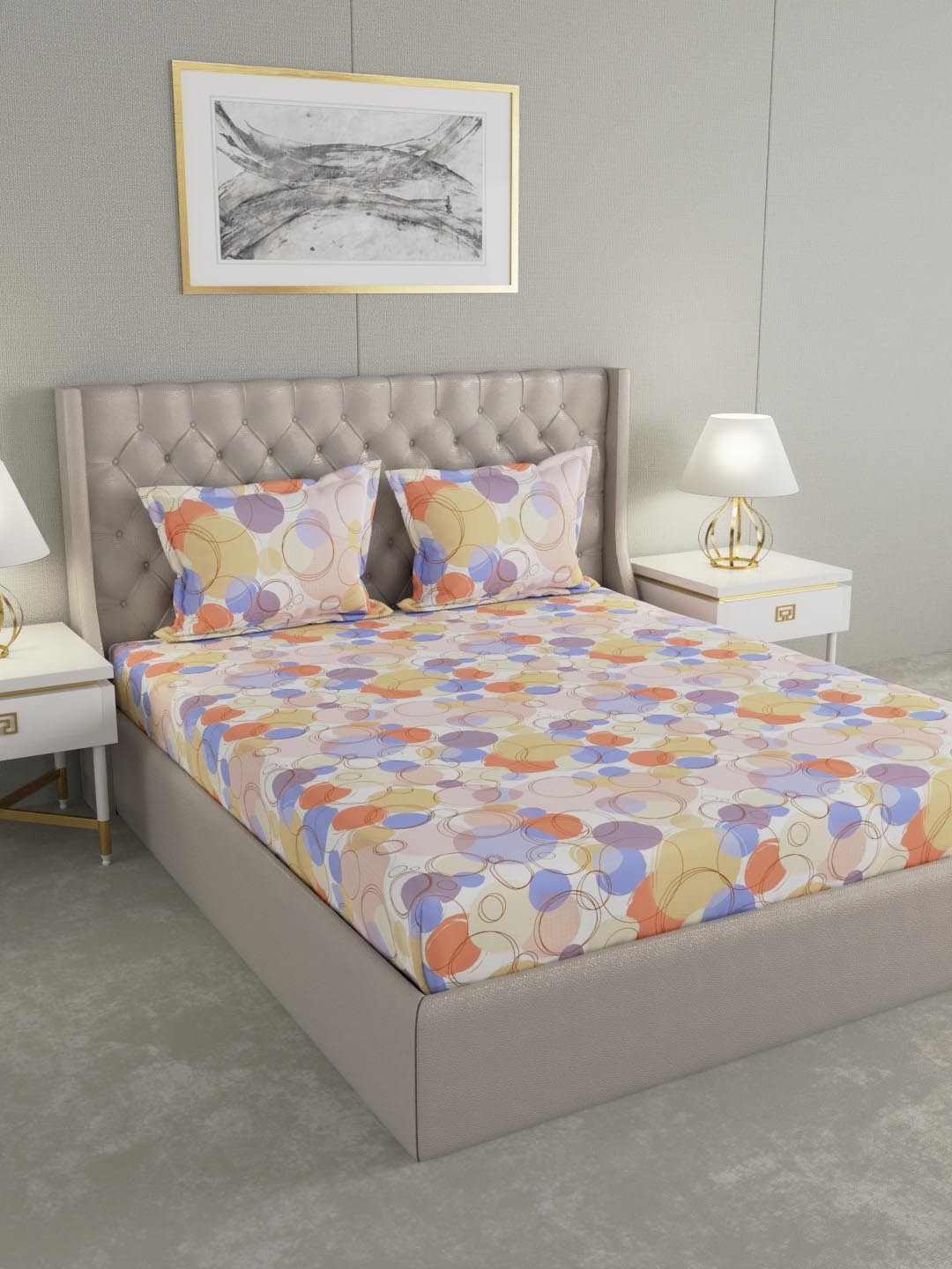 

Raymond Home White & Purple Geometric 120 TC Cotton 1 Queen Bedsheet with 2 Pillow Covers