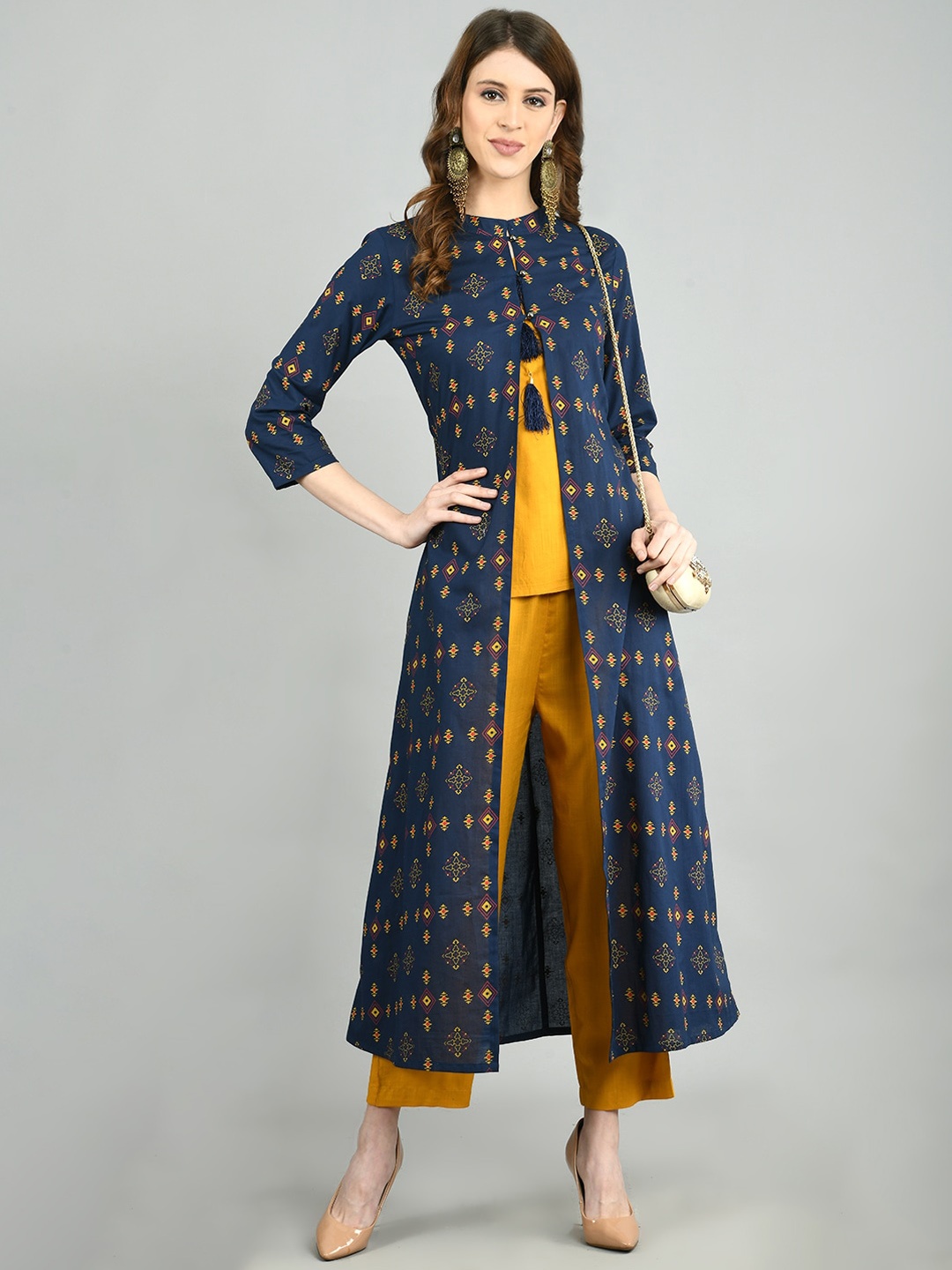 

Myshka Women Yellow & Navy Blue Solid Top & Plazzos With Printed Shrug