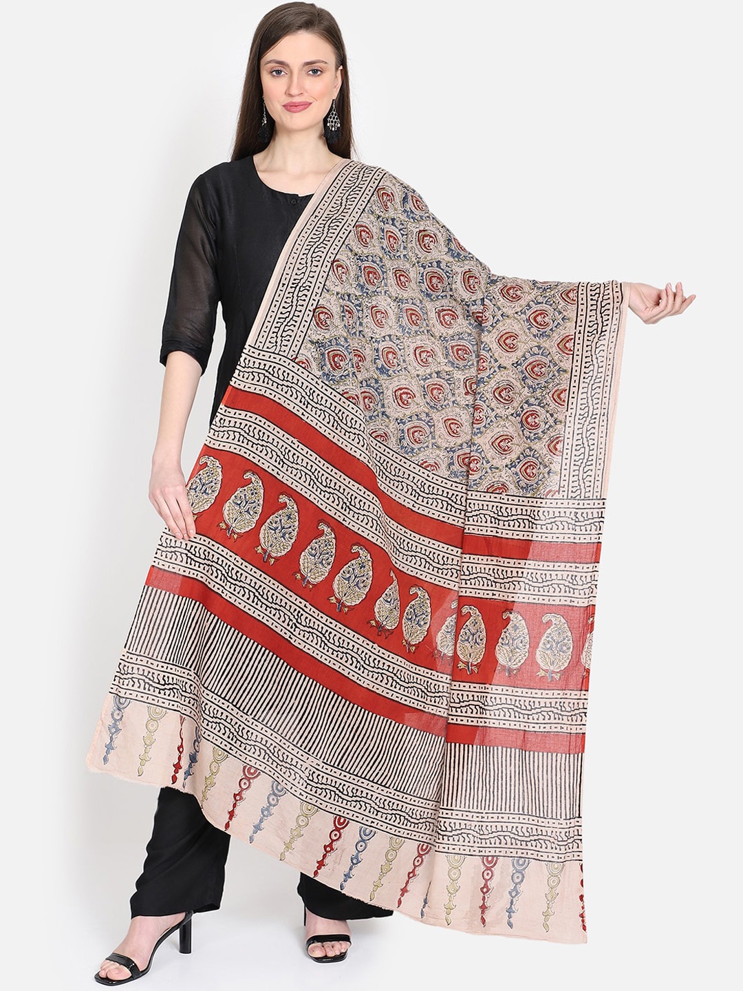 

THE WEAVE TRAVELLER Beige & Black Printed Sustainable Dupatta