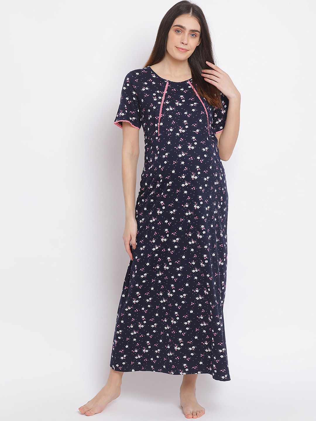 Kanvin Navy Blue & Pink Printed Nightdress