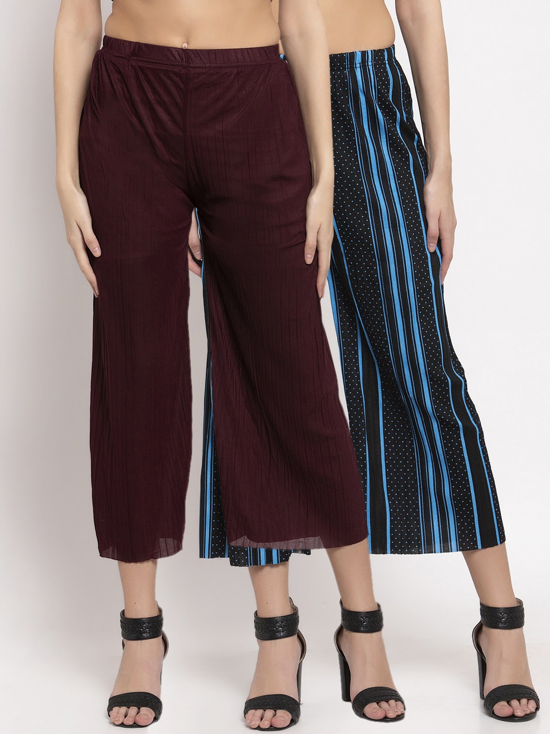 

KLOTTHE Women Pack of 2 Solid Wide Leg Palazzos, Burgundy