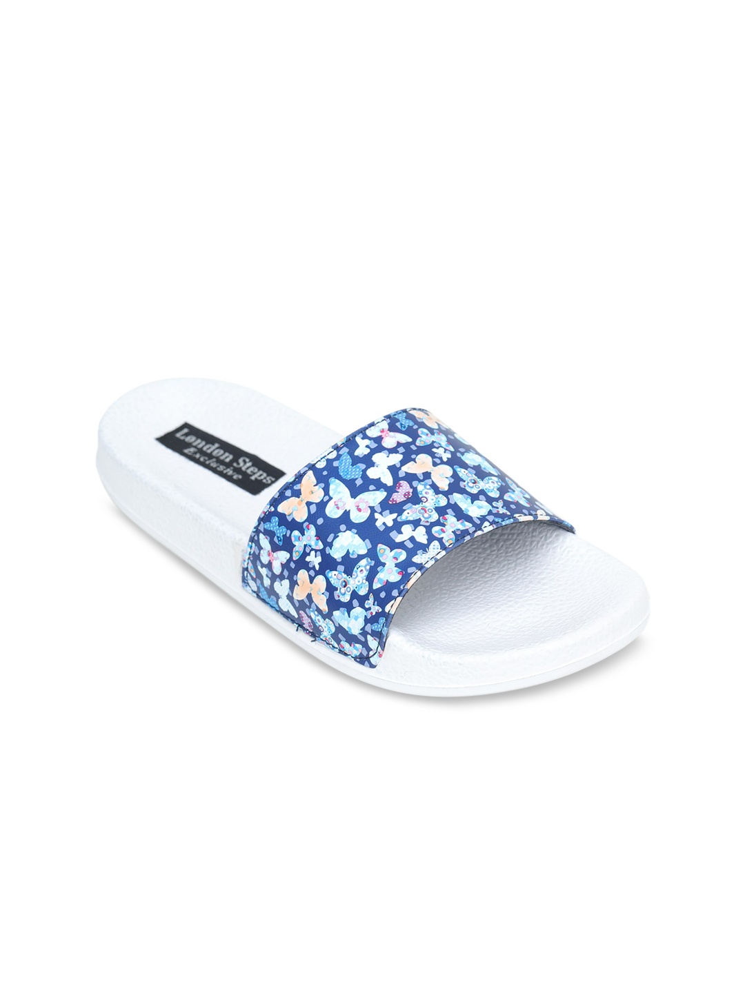 

LONDON STEPS Women Blue & White Printed Sliders