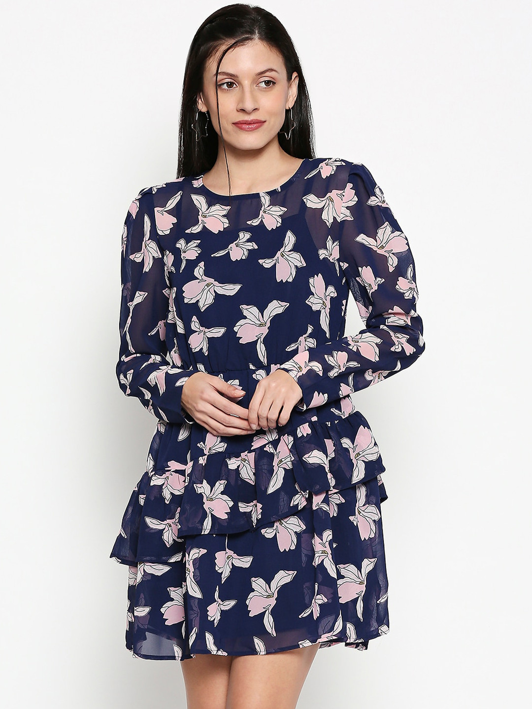 

People Women Navy Blue & White Floral Printed Fit and Flare Dress