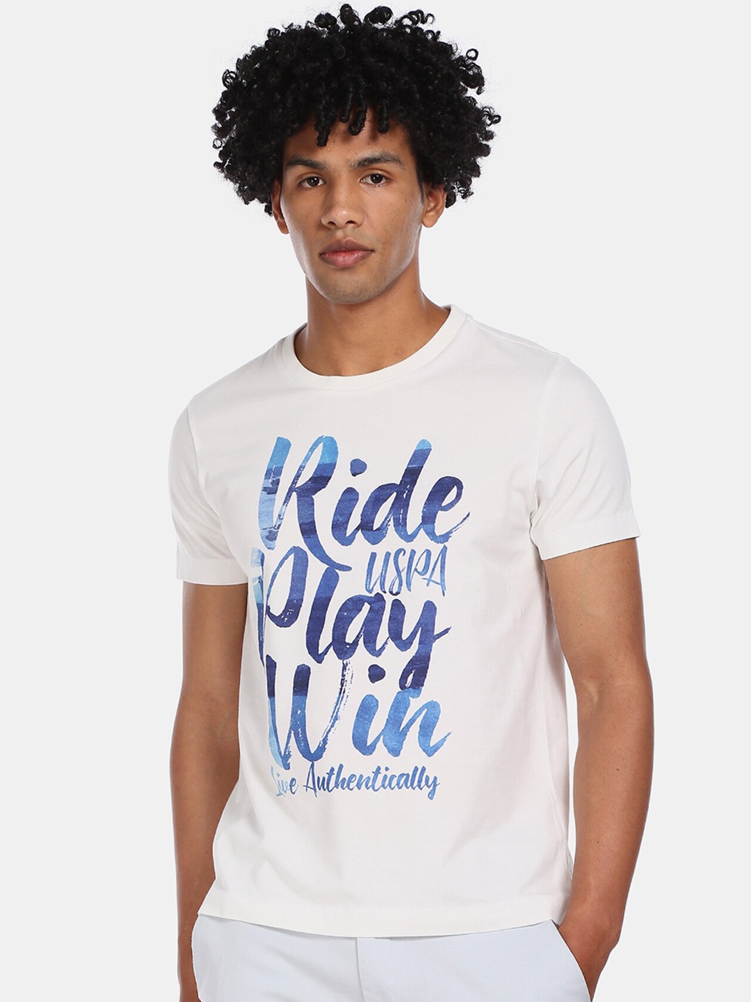 

U.S. Polo Assn. Denim Co. Men White & Blue Printed Round Neck T-shirt