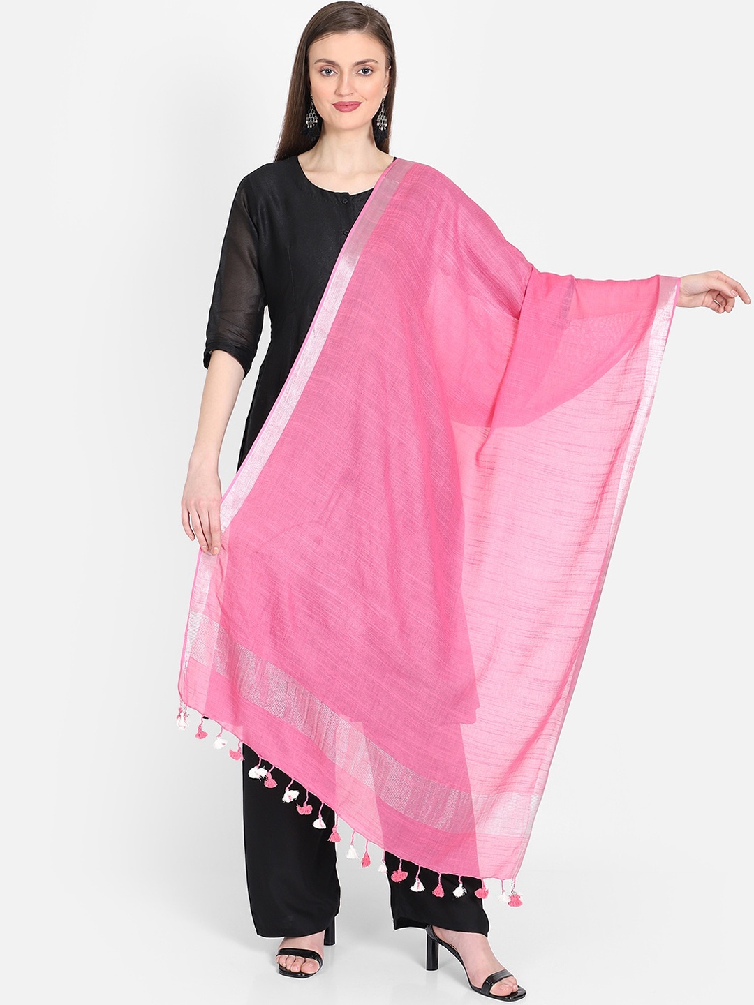

THE WEAVE TRAVELLER Pink & Silver-Toned Solid Dupatta
