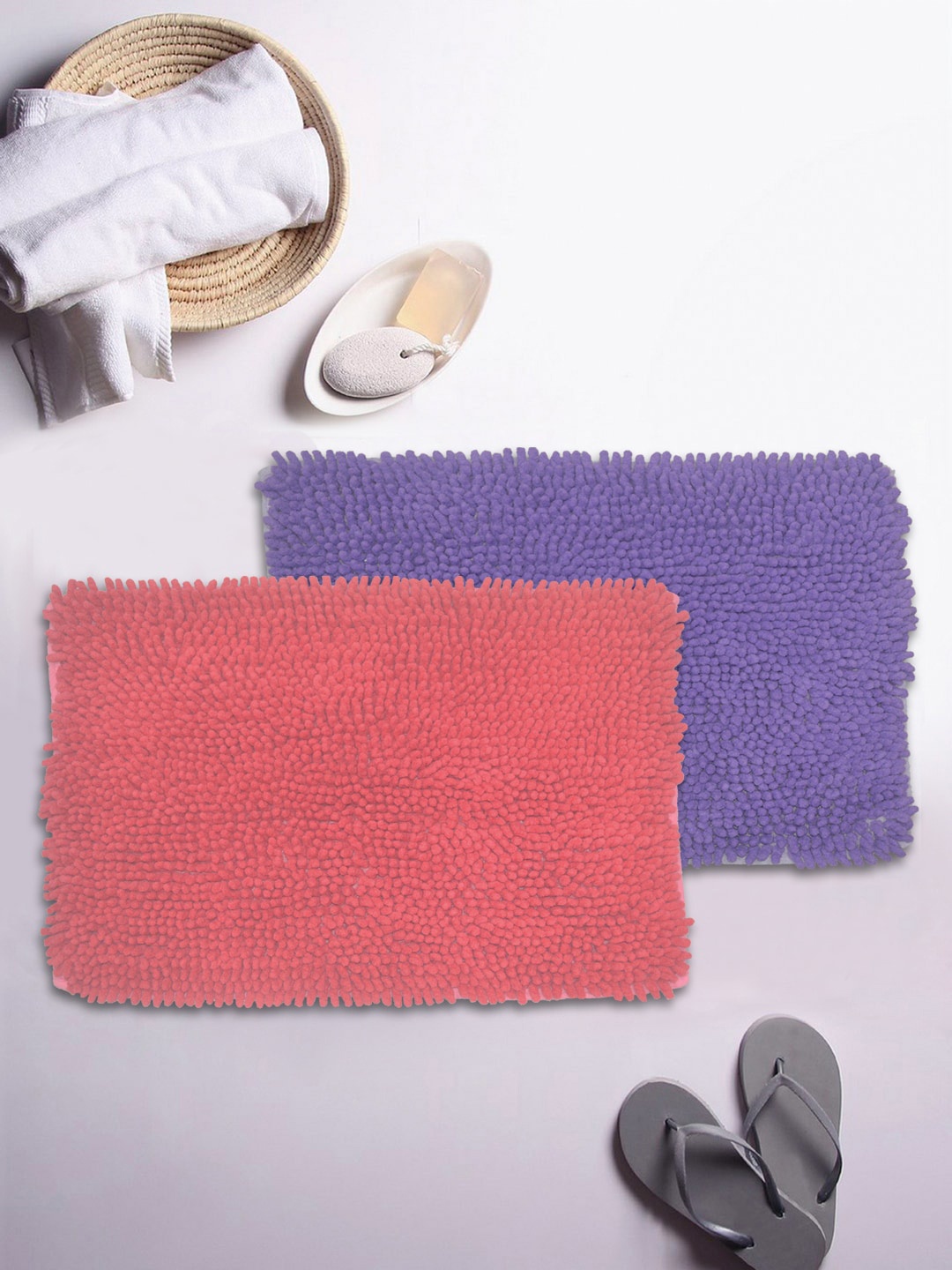 

BIANCA Set Of 2 Mushroom Textured Shaggy Anti-Skid Bath Rugs, Coral