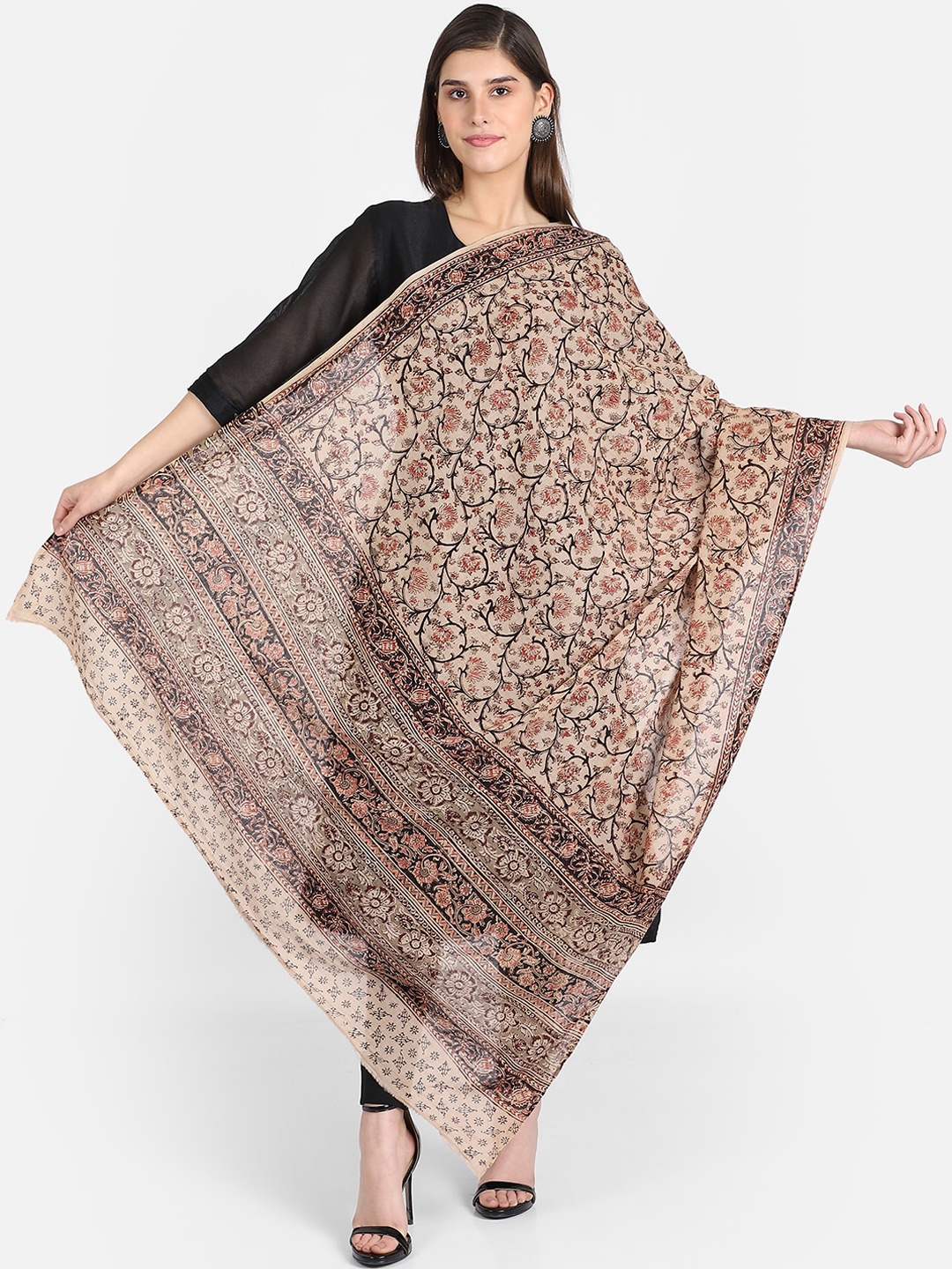 

THE WEAVE TRAVELLER Brown & Black Kalamkari Printed Pure Cotton Dupatta