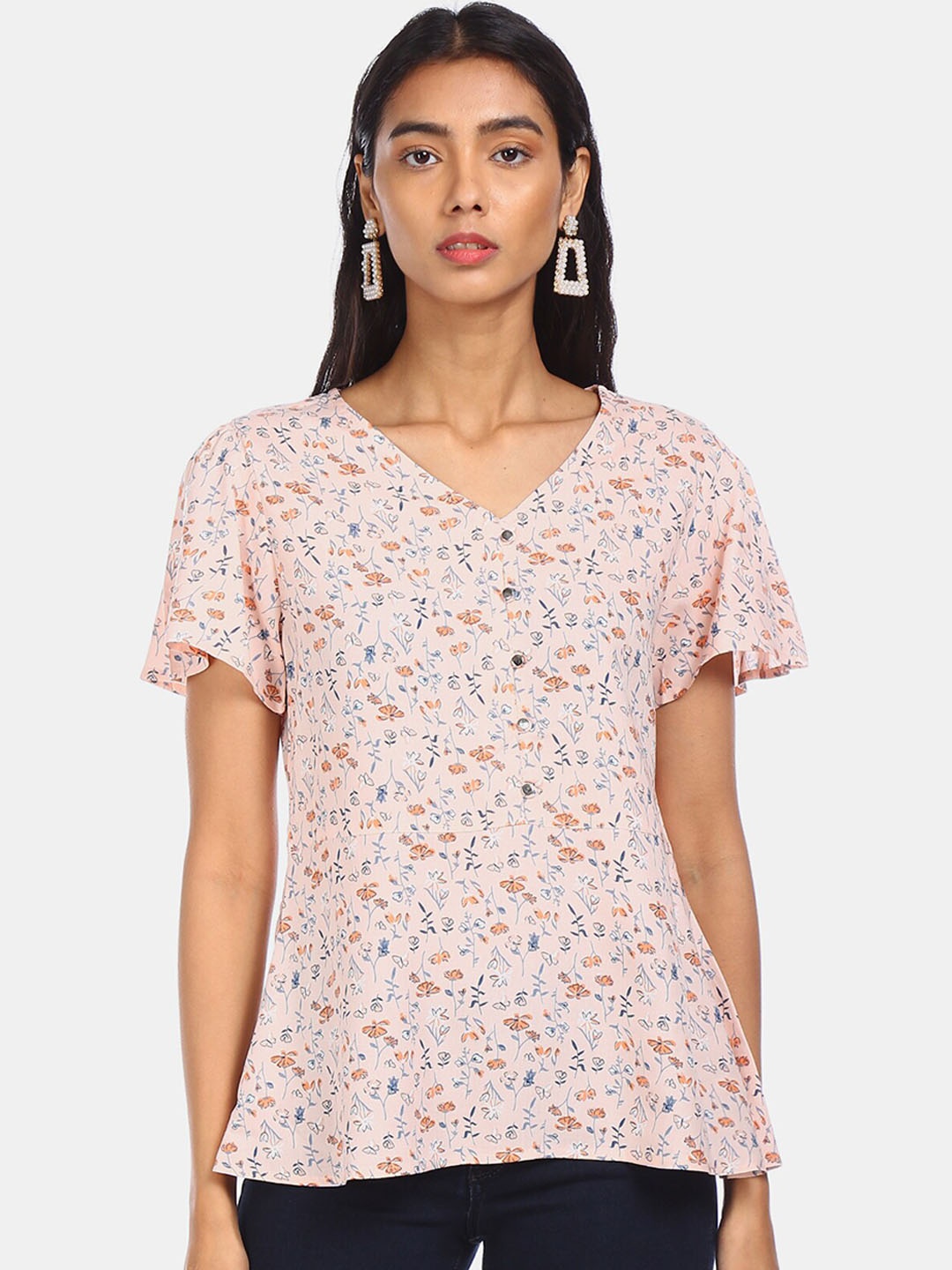 

Cherokee Women Pink Floral Printed Flared Sleeves Shirt Style Top