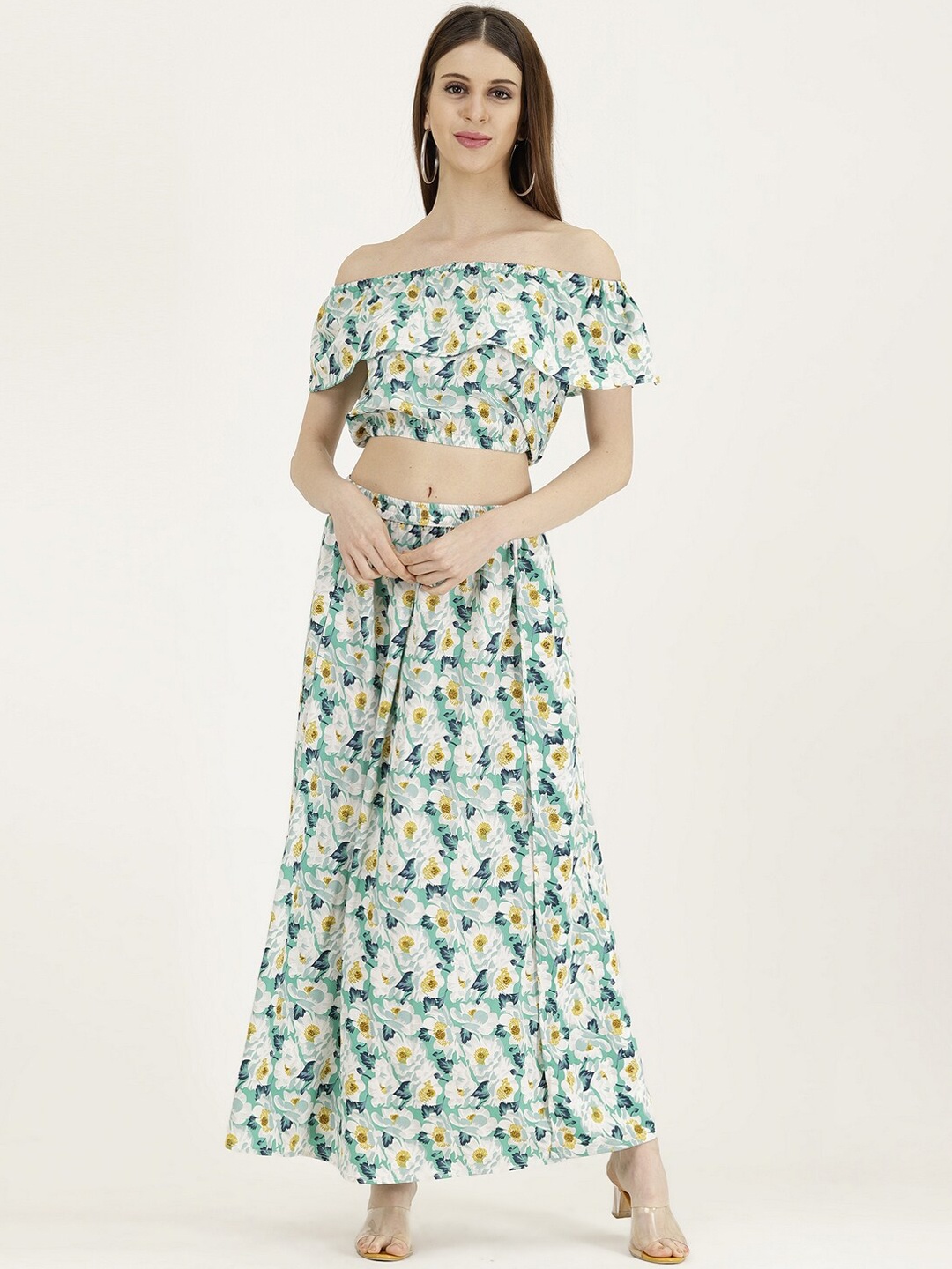

Darzi Women Off-White & Turquoise Blue Printed Top with Skirt