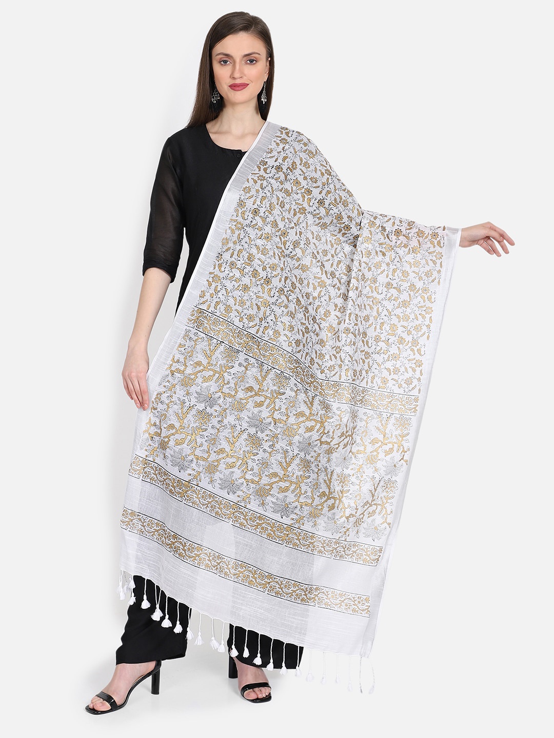 

THE WEAVE TRAVELLER White & Mustard Printed Dupatta