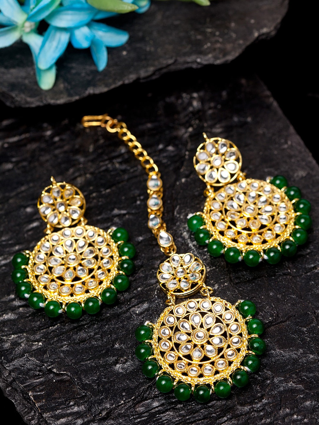 Shining Diva Gold-Plated Green & White Kundan Studded Jewellery Set