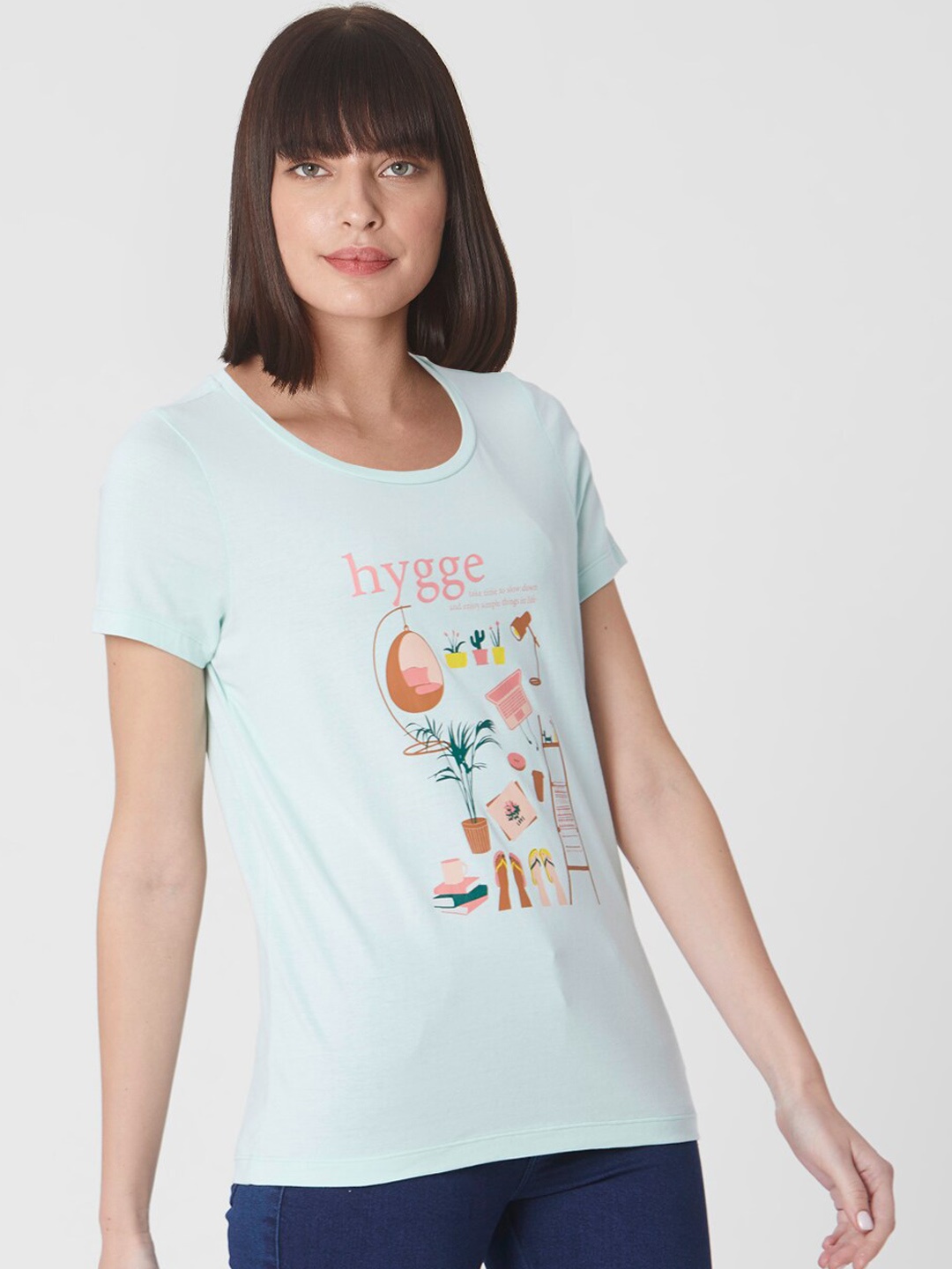 

Vero Moda Women Blue Printed Round Neck T-shirt