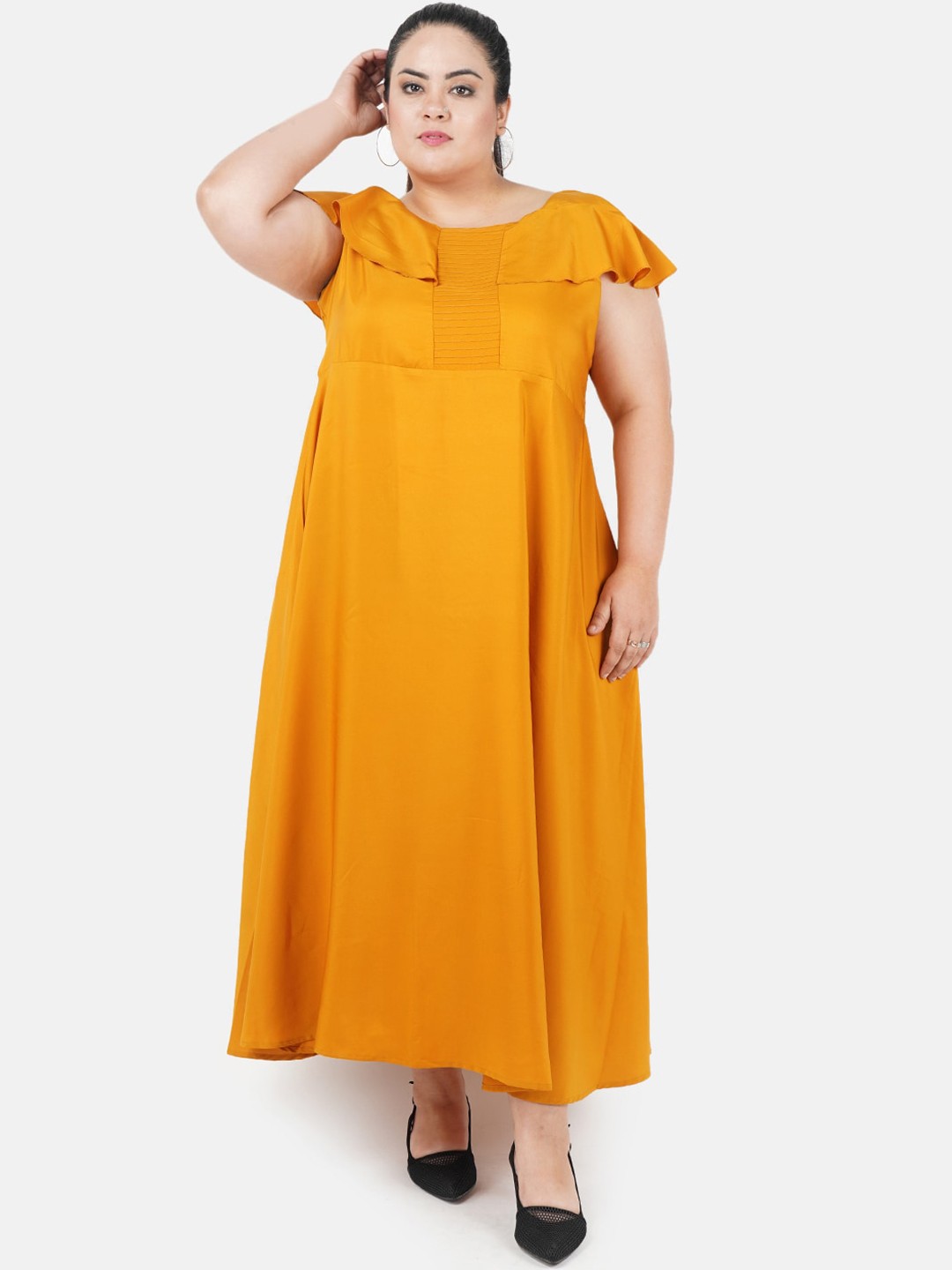 

Indietoga Women Plus Size Mustard Yellow Solid Maxi Dress