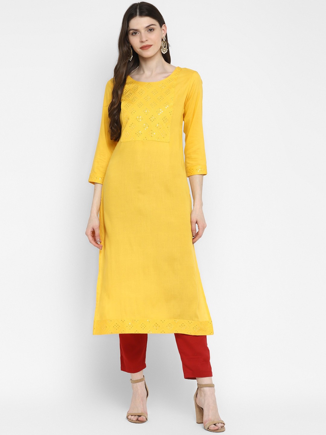

Vbuyz Women Yellow Yoke Design Sequins Kurta