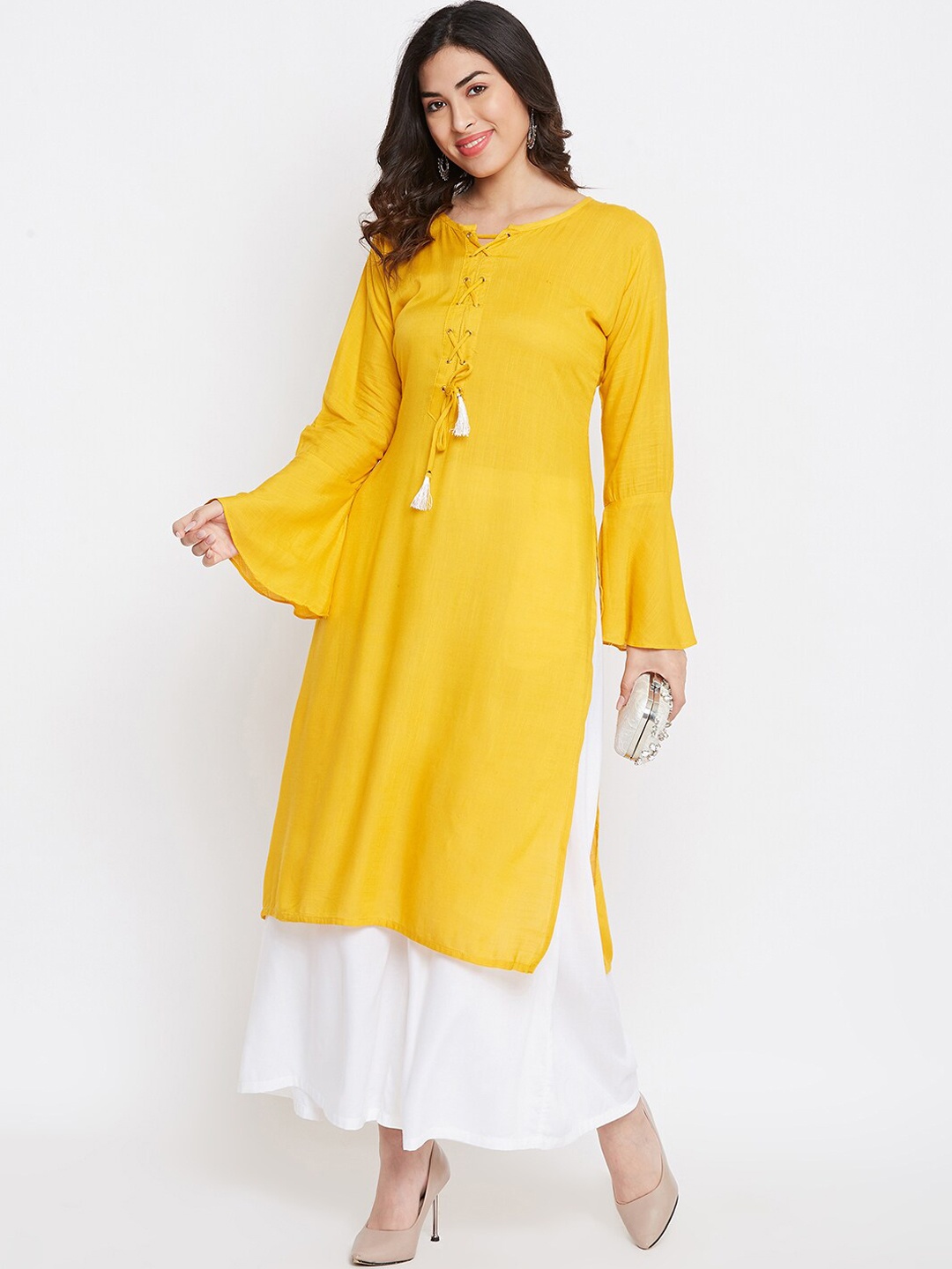 

Castle Women Mustard Yellow Solid Kurta With Bell Sleeves