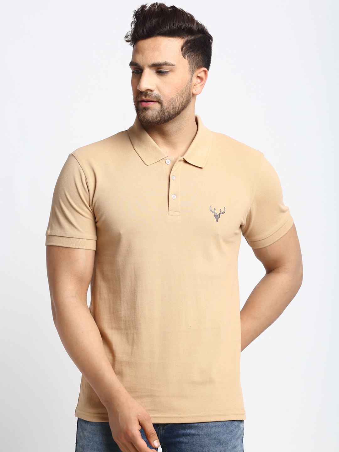 

DOOR74 Men Camel Brown Solid Polo Collar T-shirt