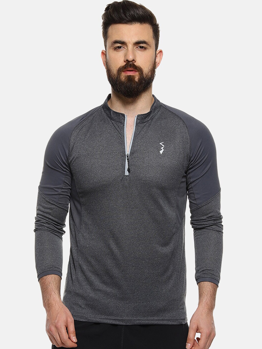 

Campus Sutra Men Charcoal Self Design Mandarin Collar T-shirt