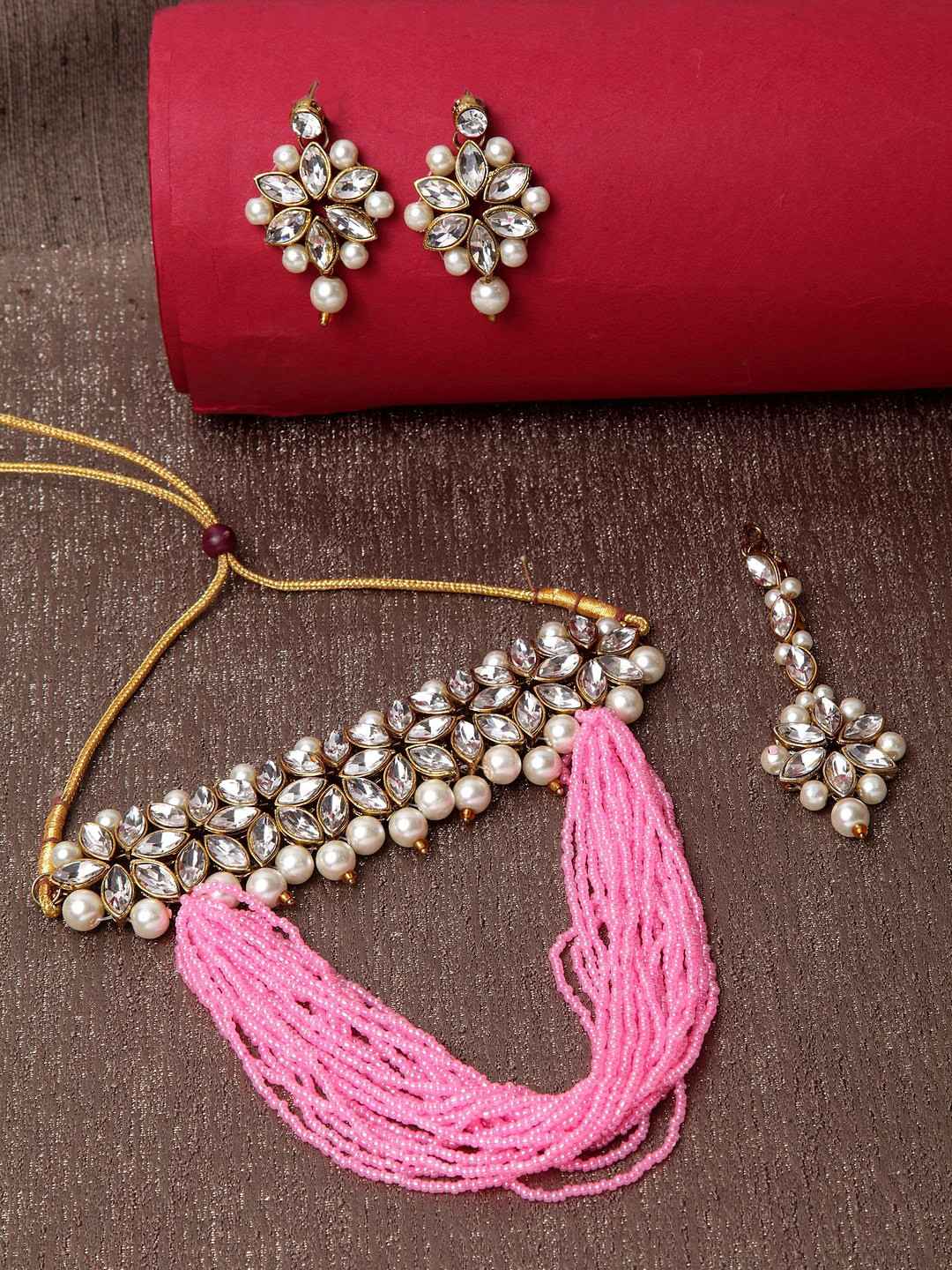 

ANIKAS CREATION Gold-Plated Pink & White Kundan-Studded Pearl Beaded Layered Jewellery Set