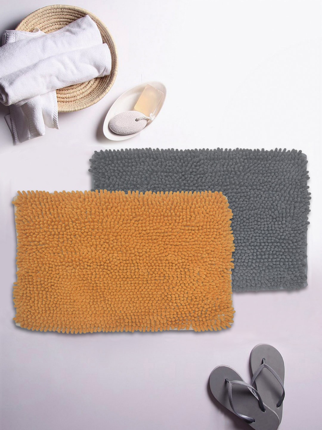 

BIANCA Set Of 2 Mushroom Texture Non-Slip Shaggy Bath Rugs, Orange