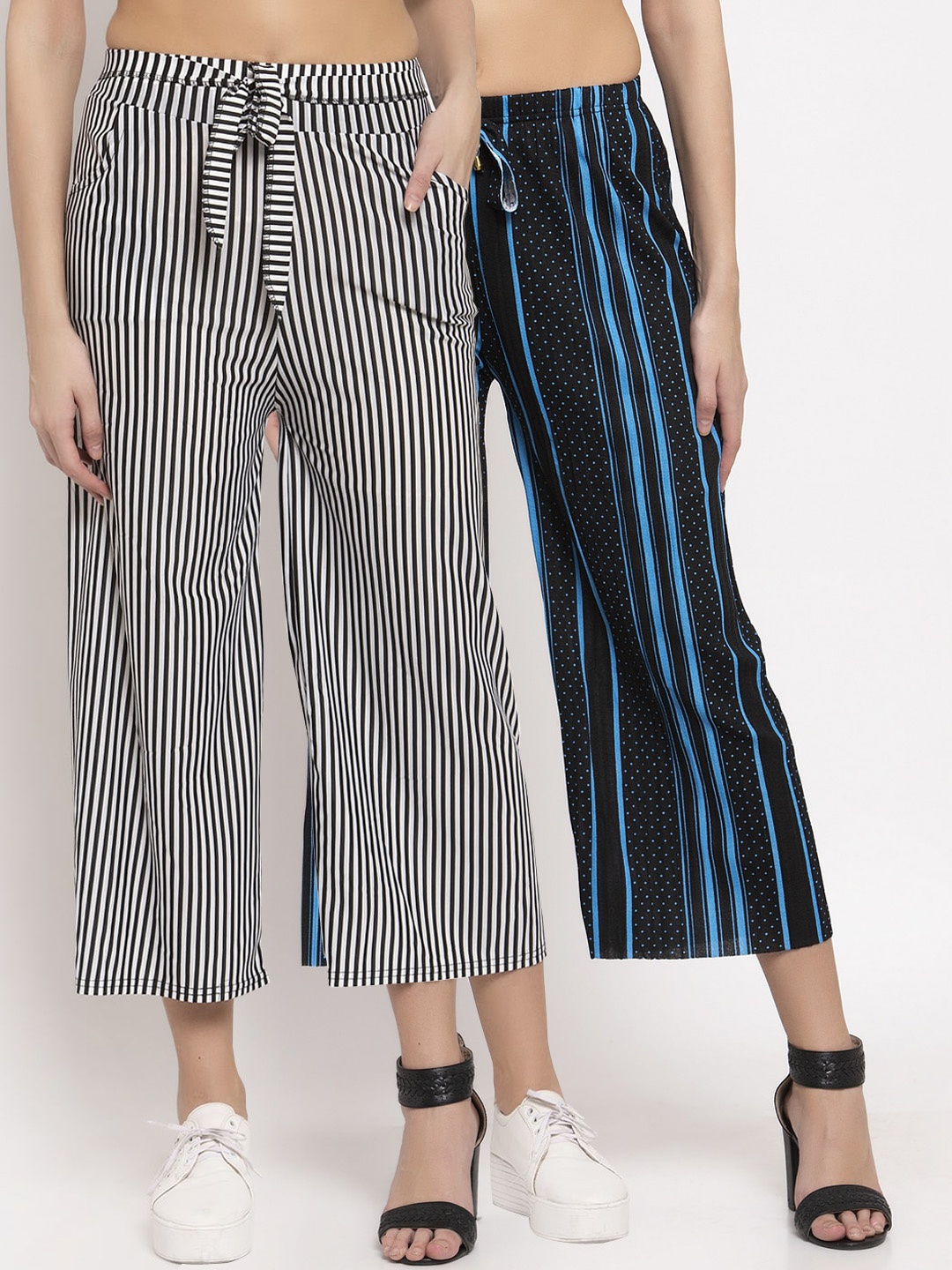 

KLOTTHE Women Pack of 2 Striped Wide Leg Palazzos, Black