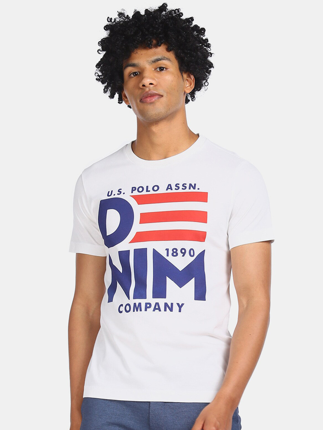 

U.S. Polo Assn. Denim Co. Men White Blue Printed Round Neck Cotton Pure Cotton T-shirt
