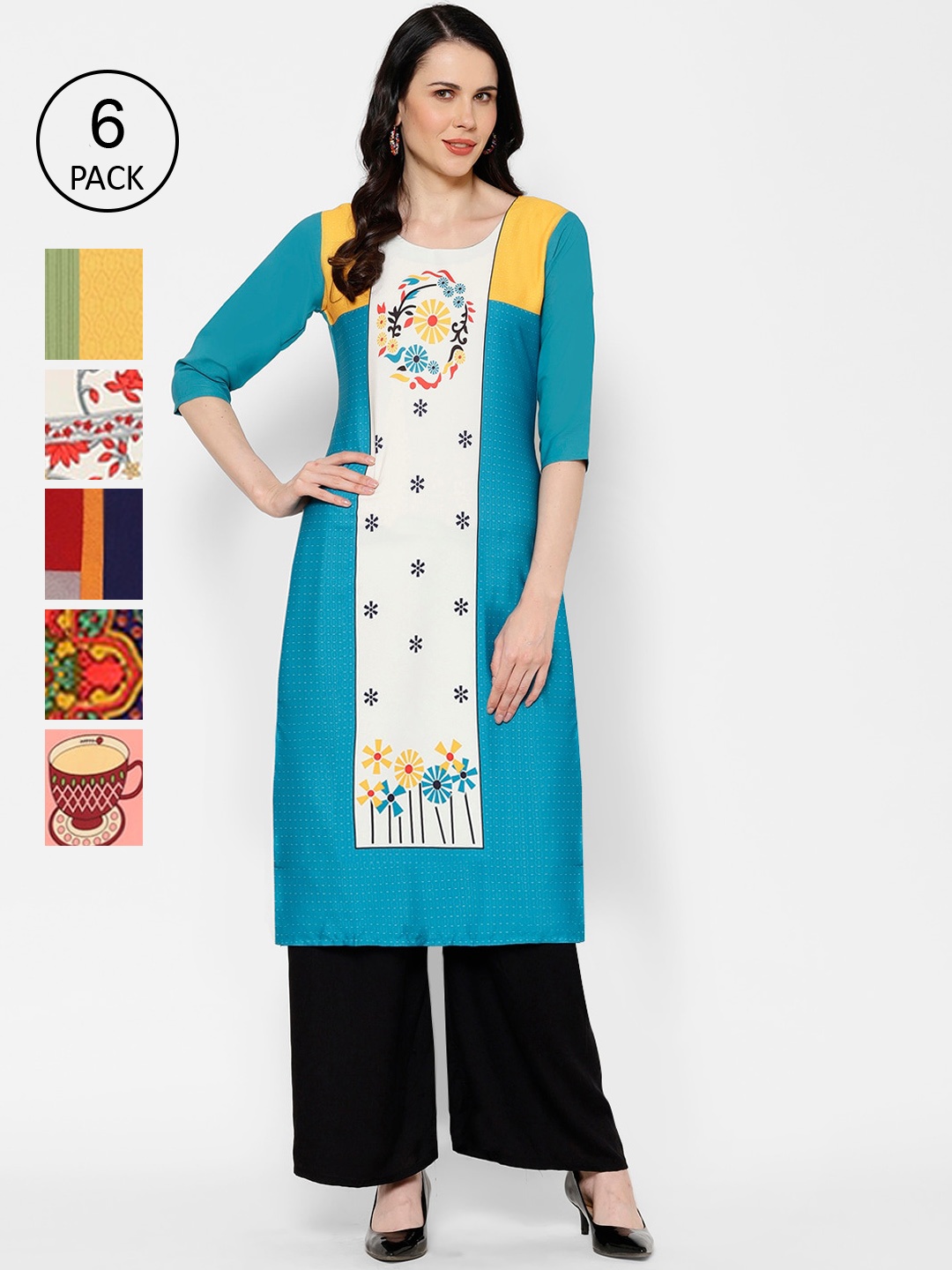 

7Threads Women Pack Of 6 Ethnic Motifs Printed Crepe Kurta, Multi