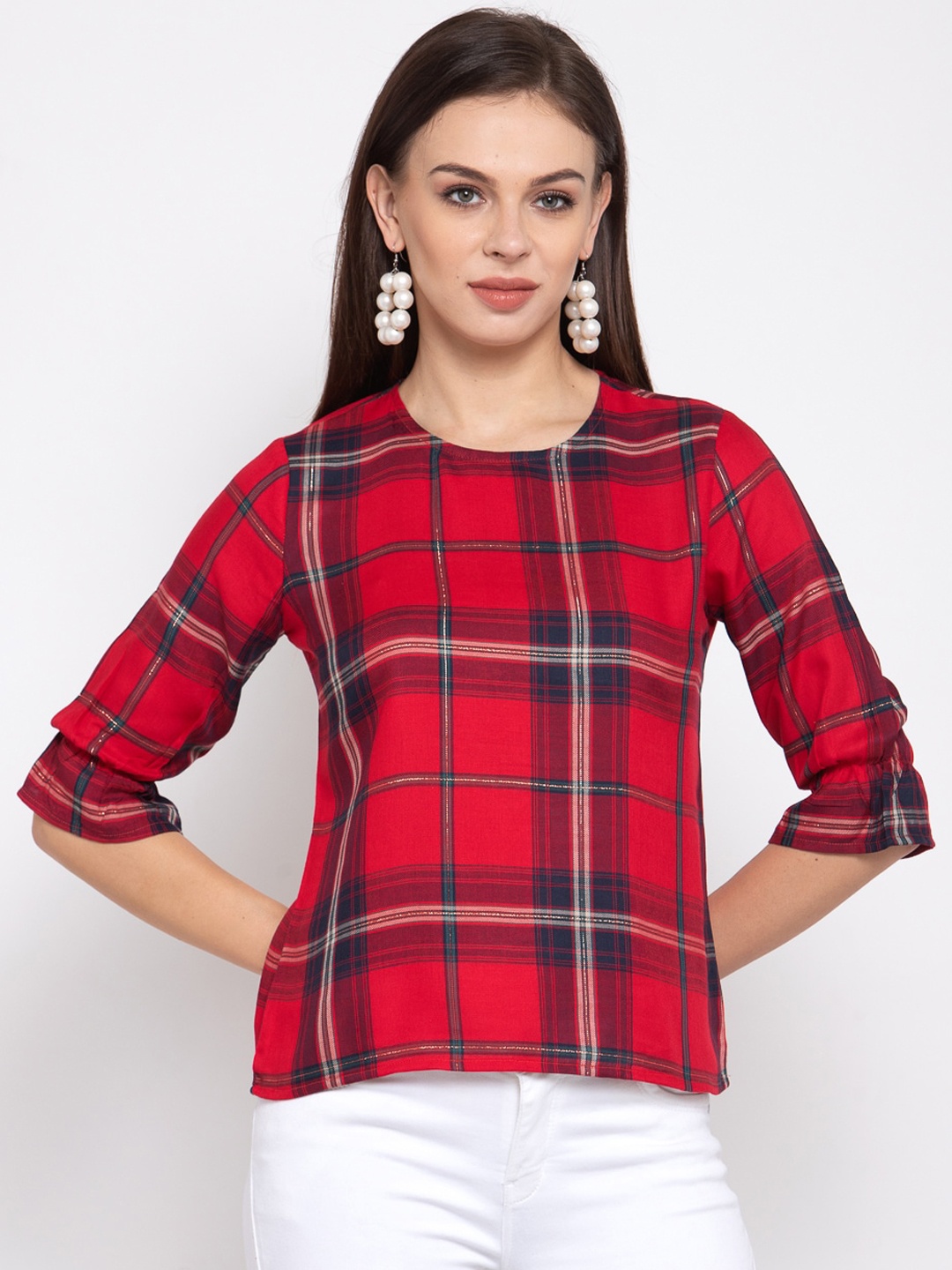 

Style Quotient Red Checked Bell Sleeves Top