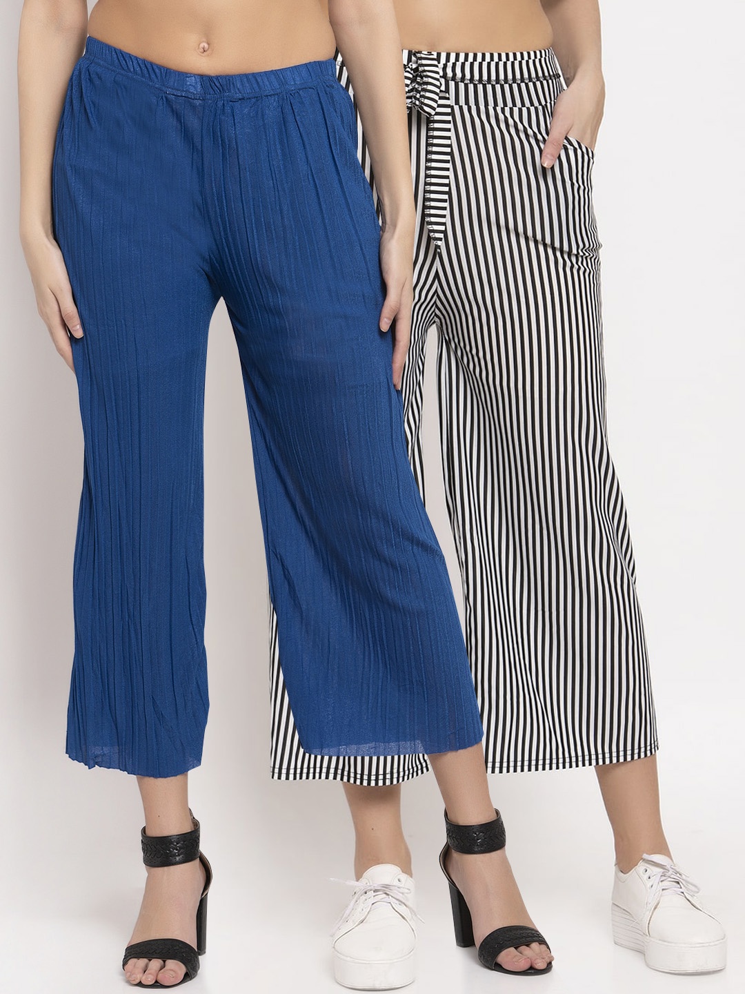 

KLOTTHE Women Pack of 2 Blue & Black Solid Wide Leg Palazzos