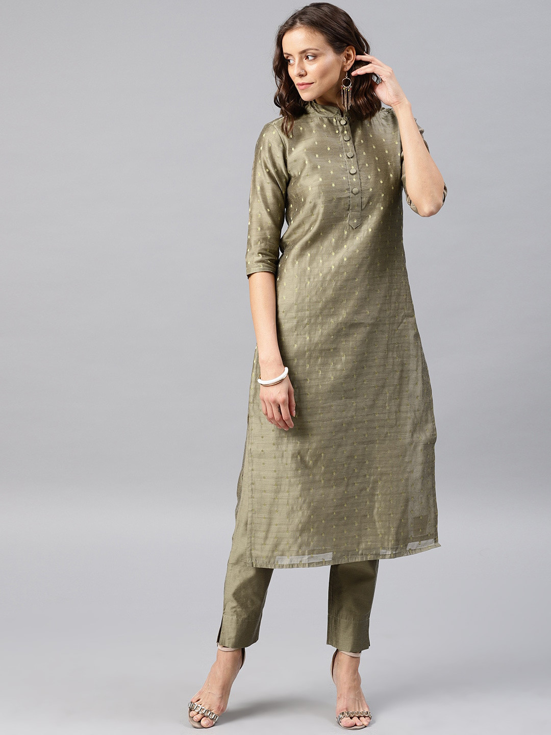 

Desi Weavess Women Olive Green Self Design Kurta with Trousers