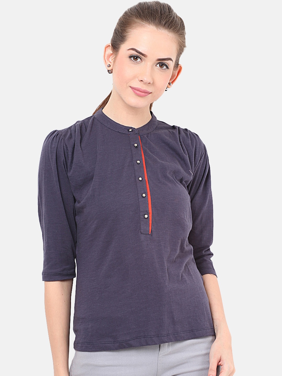

Porsorte Women Blue Solid Henley Neck T-shirt