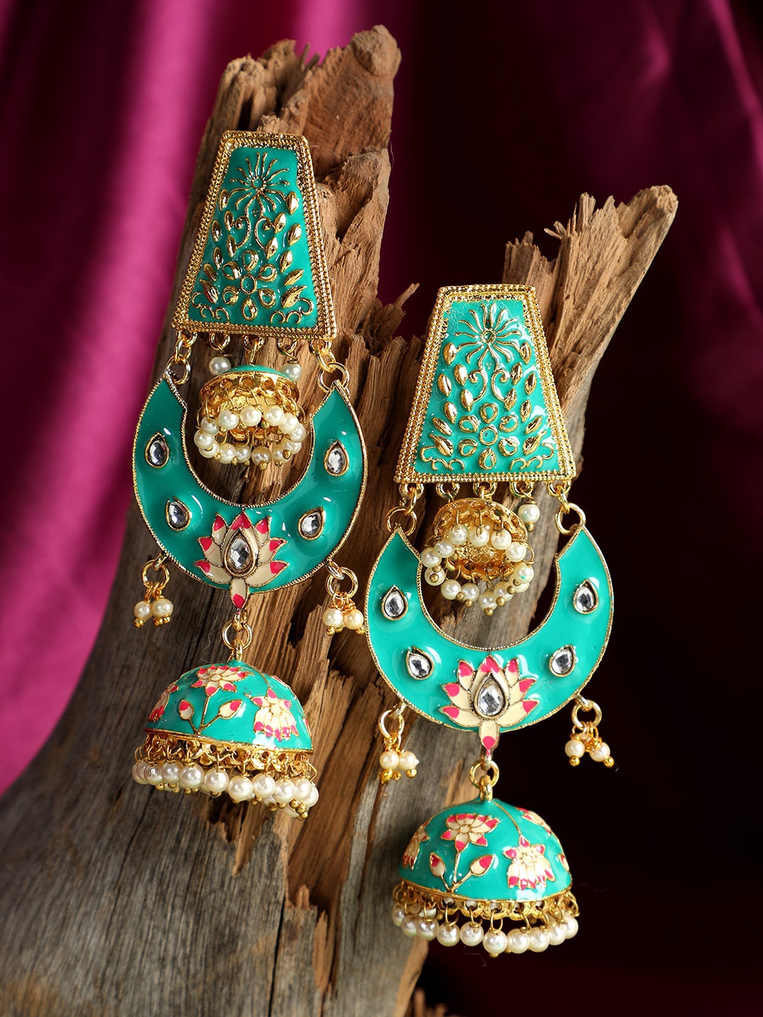 

ANIKAS CREATION Gold-Plated & Sea Green Contemporary Jhumkas