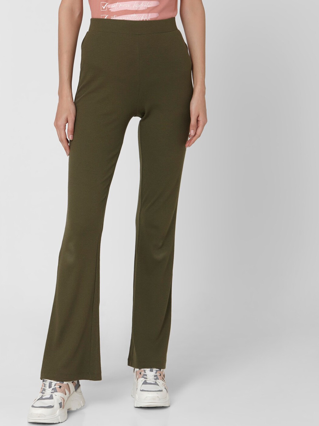 

Vero Moda Women Green Flared Solid Organic Cotton Bootcut Trousers
