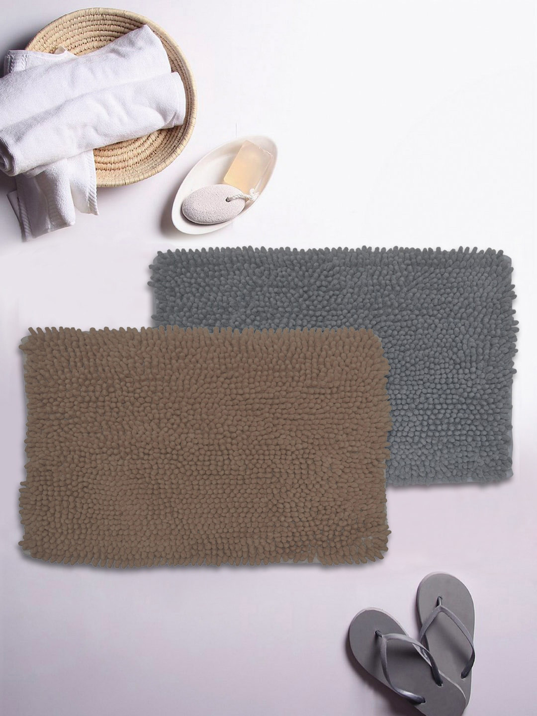 

BIANCA Set Of 2 Solid 2200 GSM Non-Slip Shaggy Bath Rugs, Brown