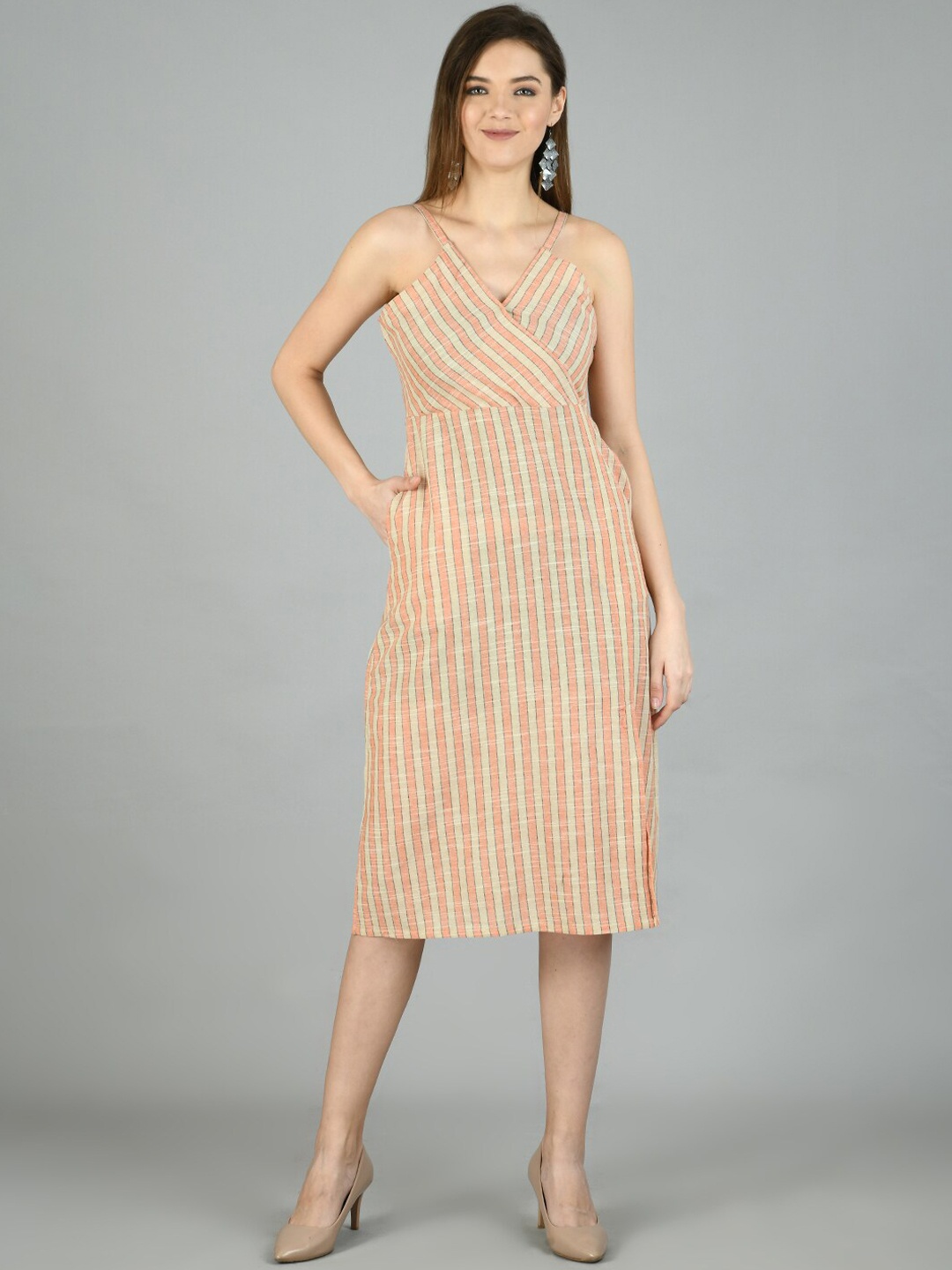 

Myshka Women Beige Striped Wrap Dress