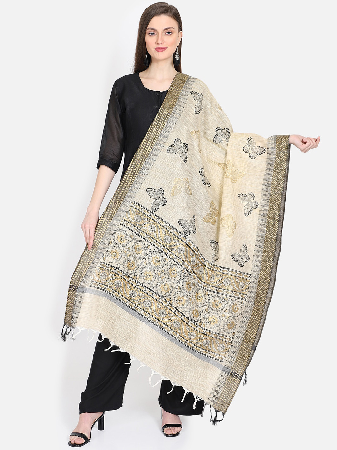 

THE WEAVE TRAVELLER Beige & Gold-Toned Khari Printed Dupatta