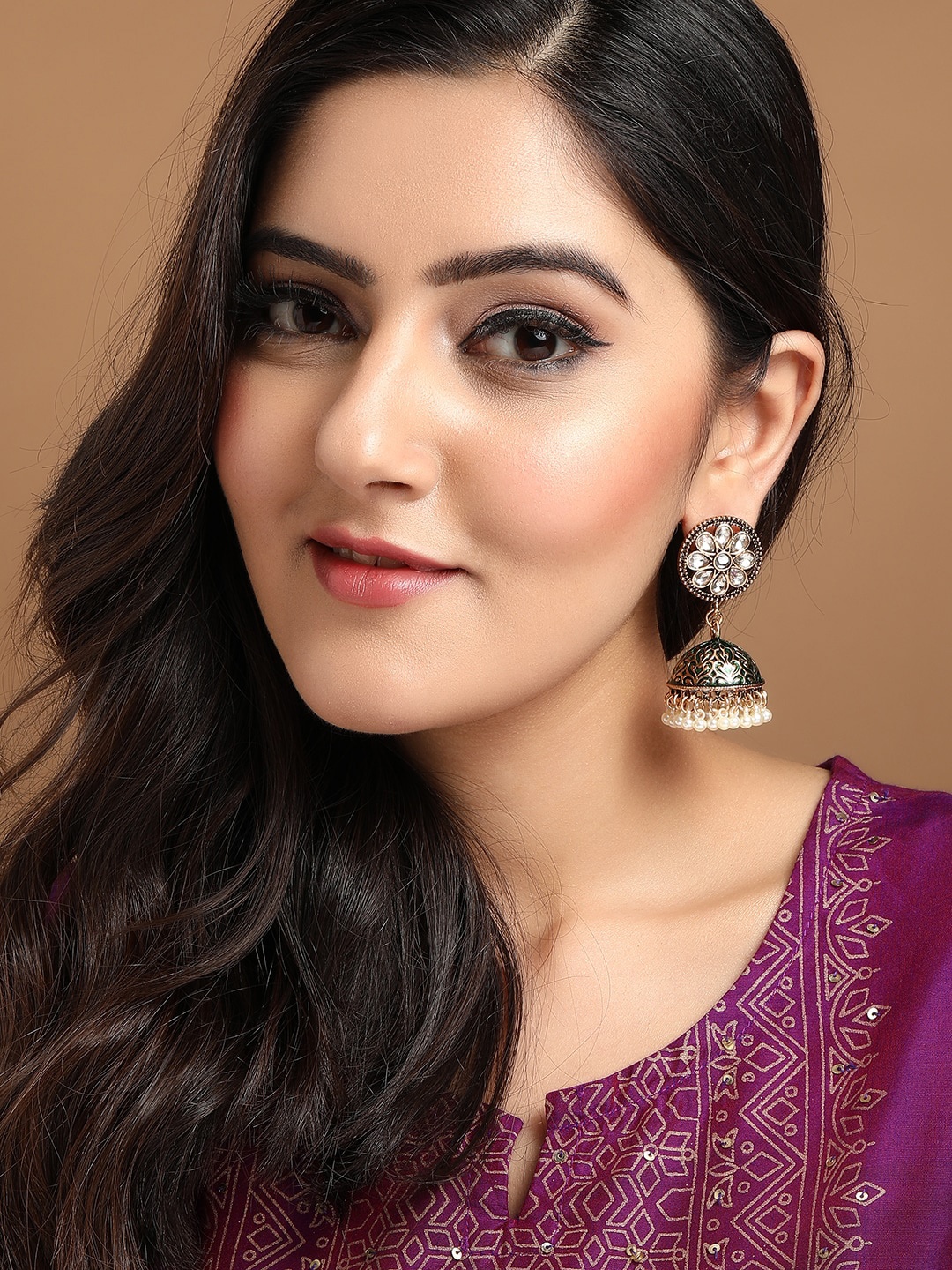 

Rubans Black Gold-Plated Oxidised Kundan Enamel Painted Contemporary Jhumkas