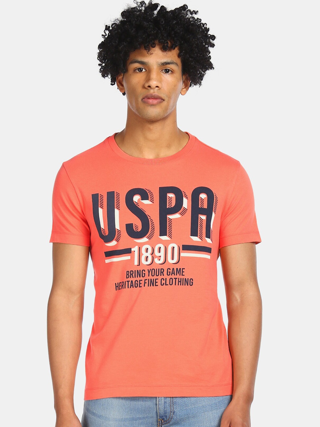 

U.S. Polo Assn. Denim Co. Men Peach-Coloured White Printed Round Neck Cotton Pure Cotton T-shirt