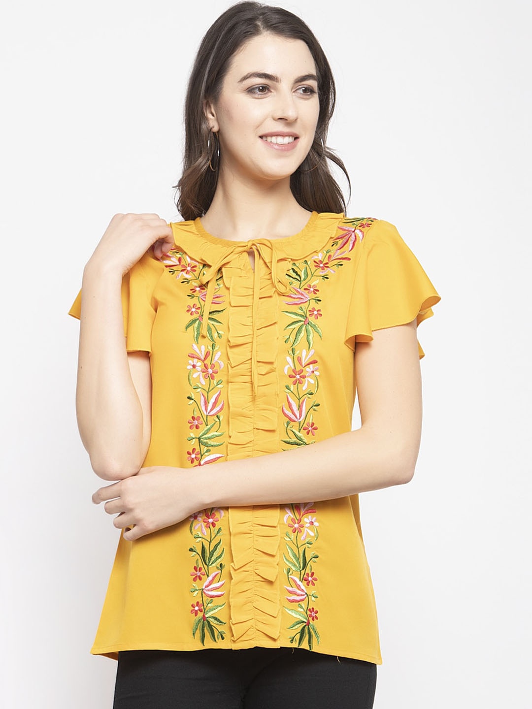 

Karmic Vision Mustard Yellow Floral Printed Tie-Up Neck Flutter Sleeves Top